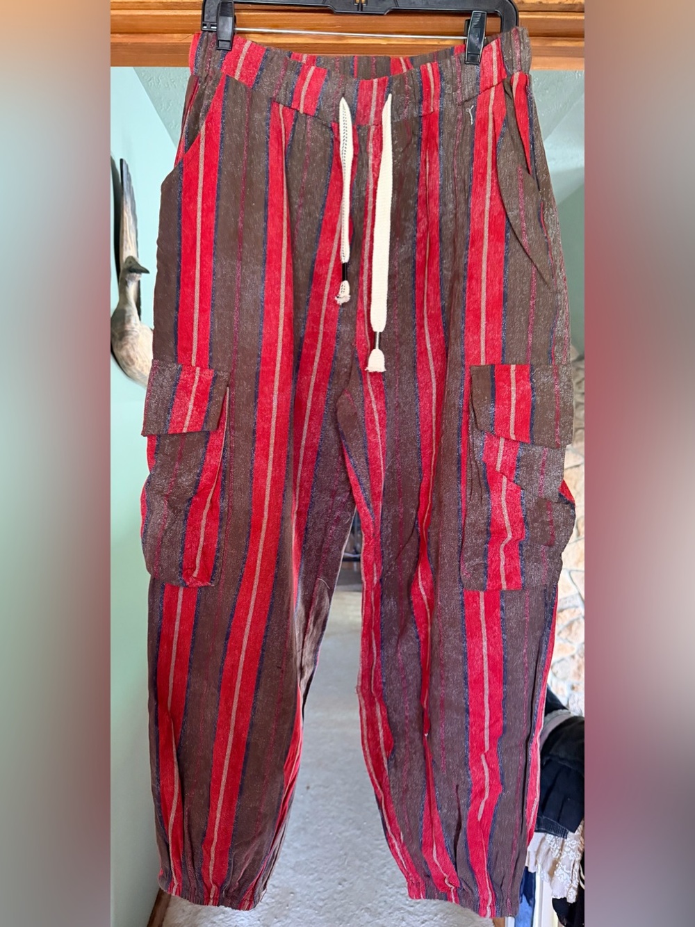 POL Red & Brown Striped Casual Cargo Pants